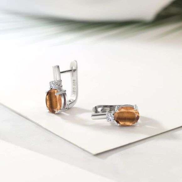 925 Sterling Silver with 3.10 Cttw Brown Tiger Eye and White Sapphire Earrings - Picture 2 of 4